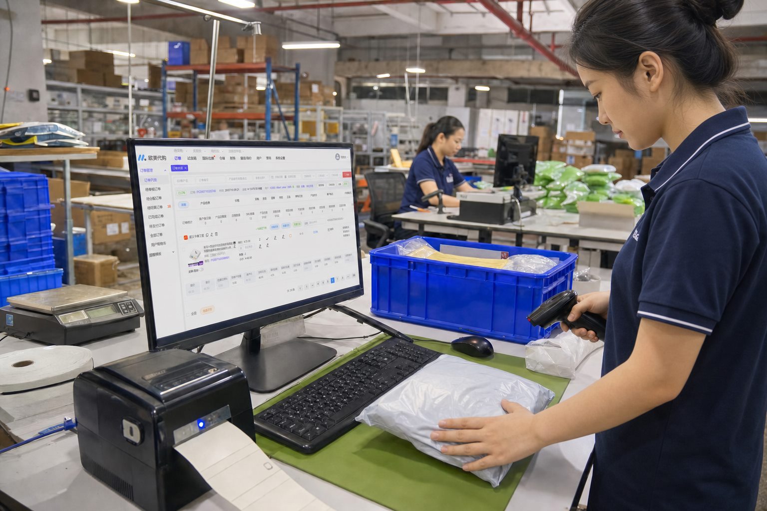 Greetbuy warehouse employee scanning goods and processing an online order