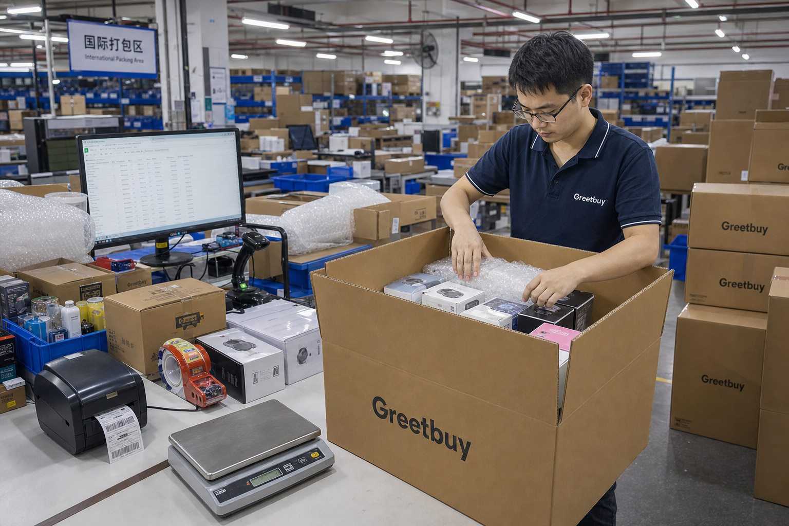 Greetbuy warehouse employee consolidating and packing an international parcel