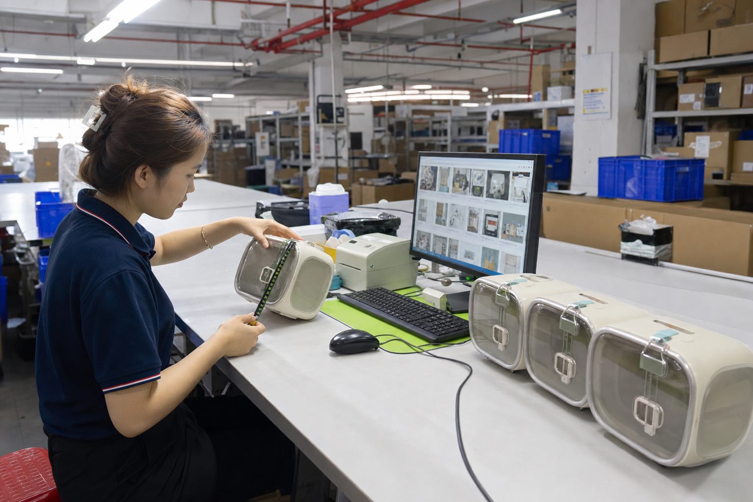 Greetbuy warehouse employee carrying out a product quality inspection