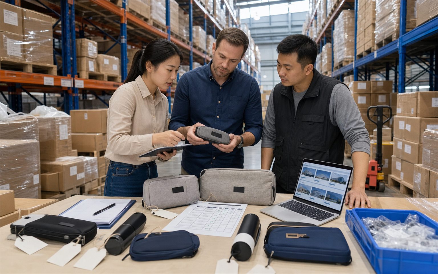 Greetbuy sourcing team reviewing B2B product samples in a warehouse