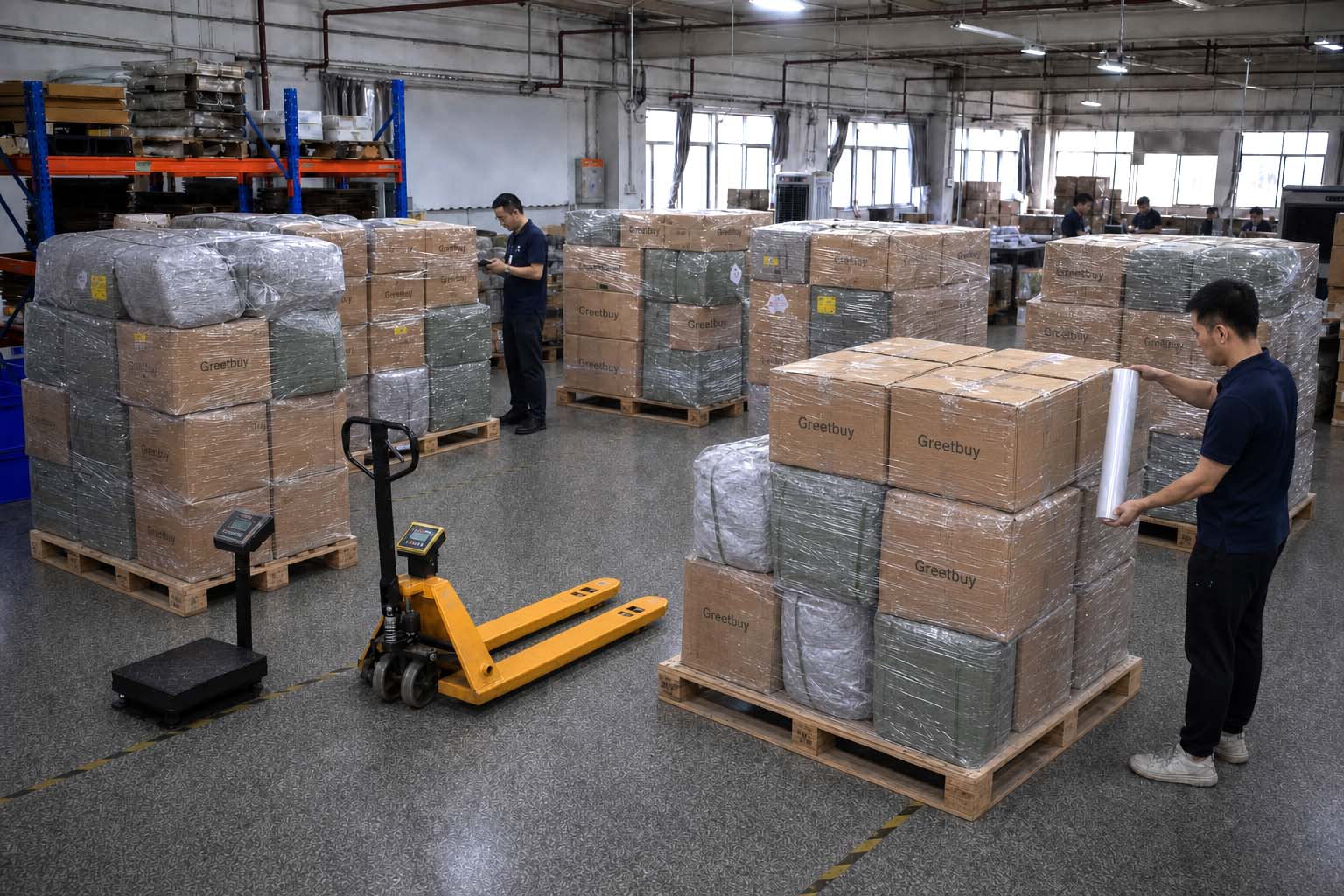 Multi-supplier garment supplies consolidated and stretch-wrapped on pallets