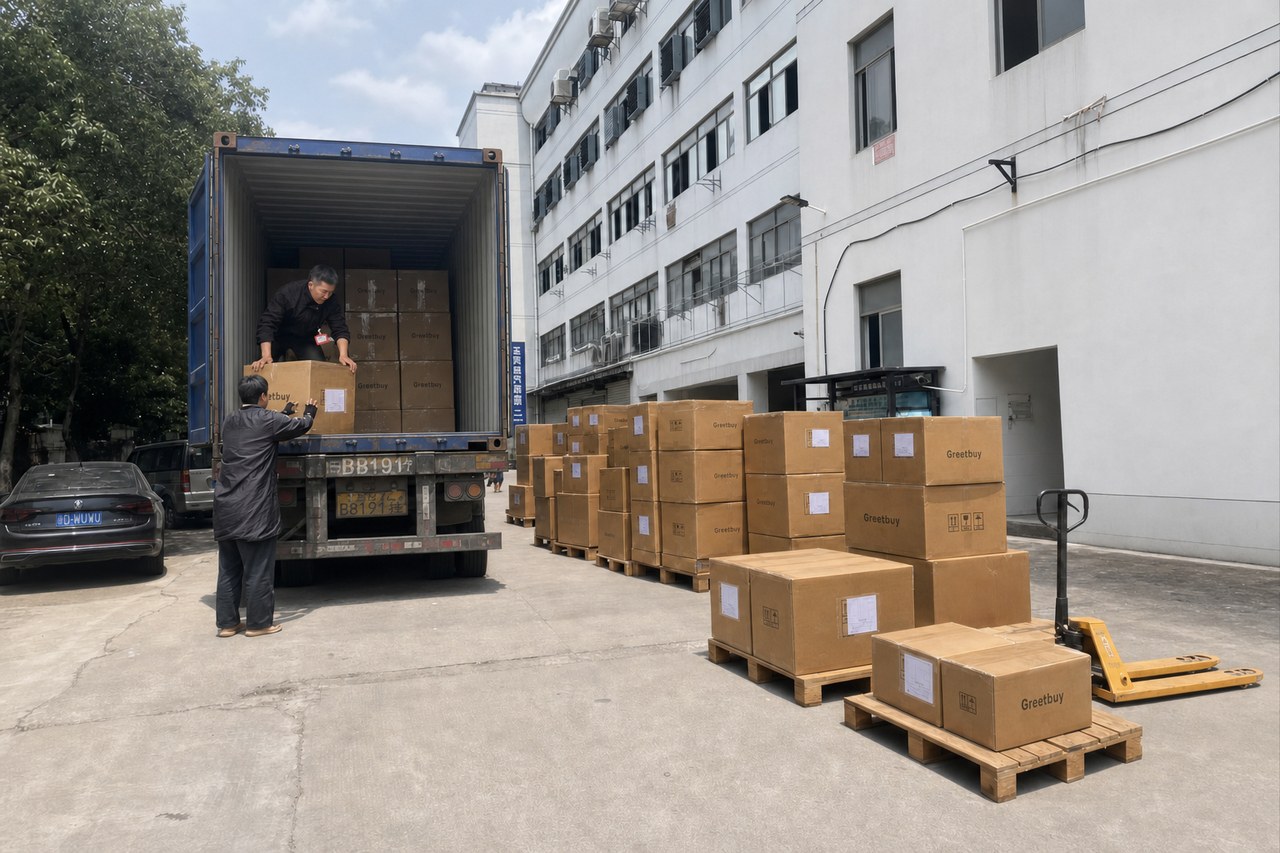 Workers moving a large consolidated Lebanon shipment into a container with ample space remaining