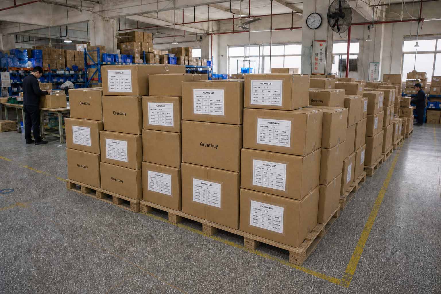 UK hardware order cartons with packing lists staged on pallets in the Greetbuy warehouse