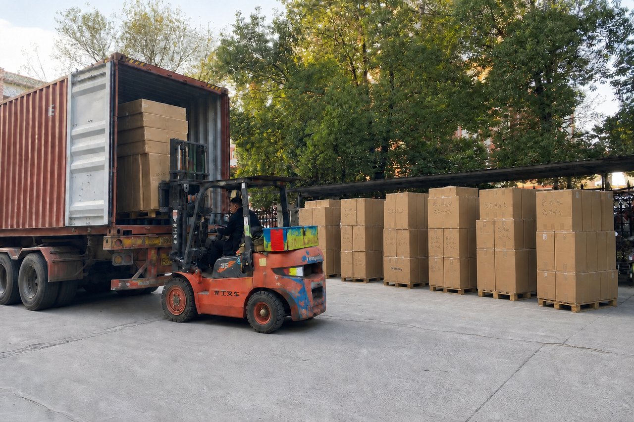 Forklift loading a US outdoor-product shipment into a container with ample space remaining